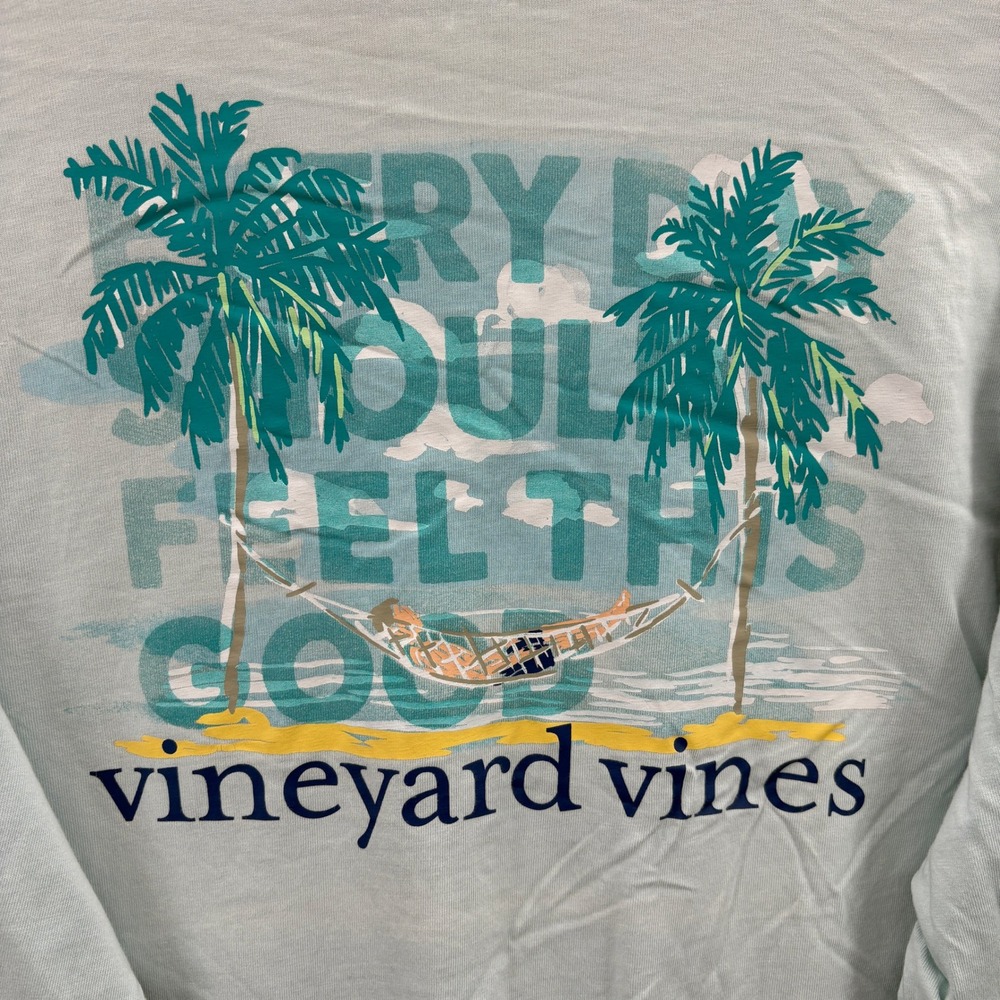 Vineyard Vines Shirt Mens L Blue Long Sleeve Graphic Pocket Tee Beach Palm Tree